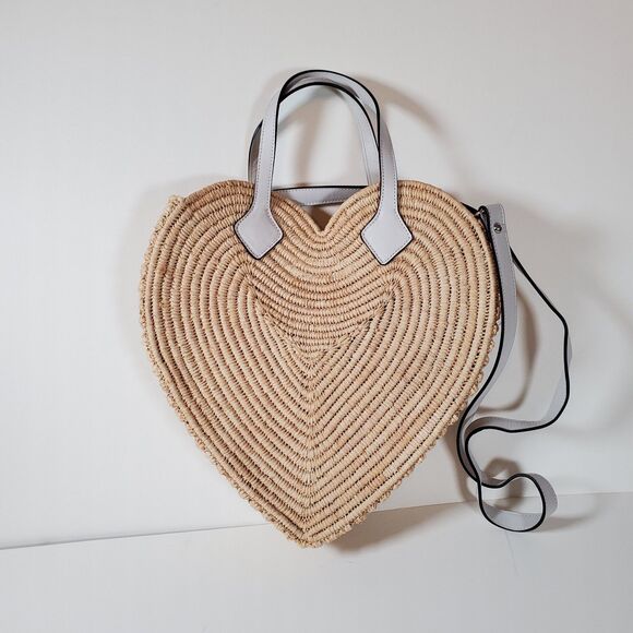 Poolside Women’s Tote Large Beige Raffia Leather Heart Shoulder Crossbody Bag - Picture 3 of 8